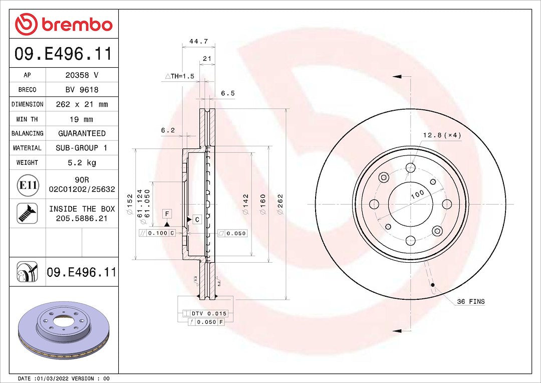 Gray cast iron disc brake rotor from Brembo part number 09.E496.11
