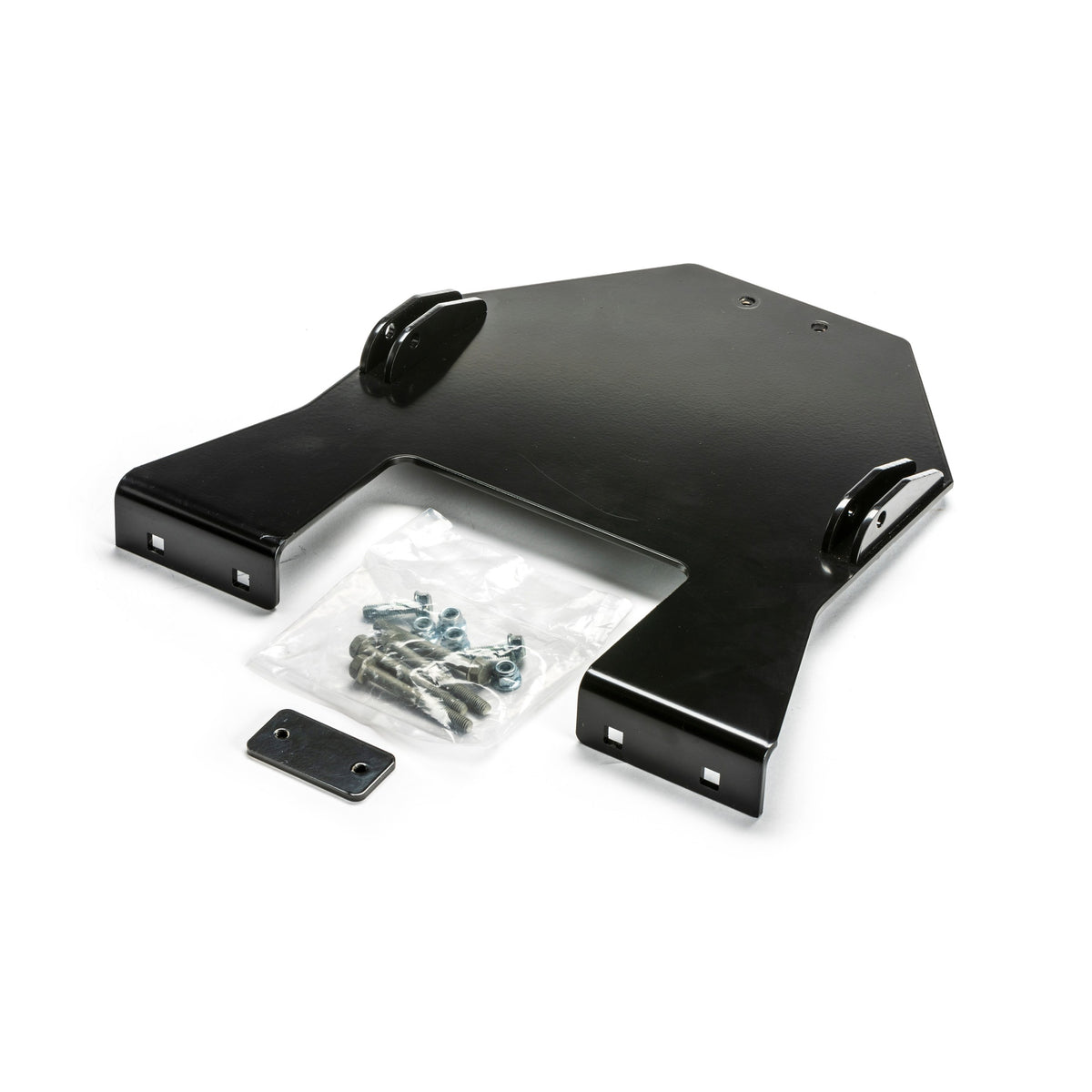 Black powder coated steel snow plow mount from Warn part number 107562