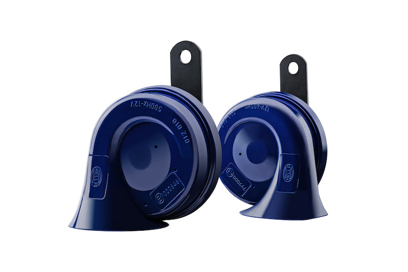 Blue accessory horn with mounting hardware from Hella part number 012010801