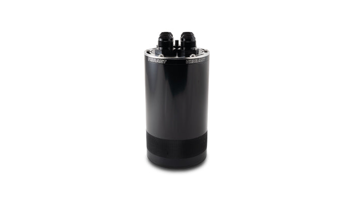 Black anodized 6061 aluminum engine oil catch can from Vibrant Performance part number 12766