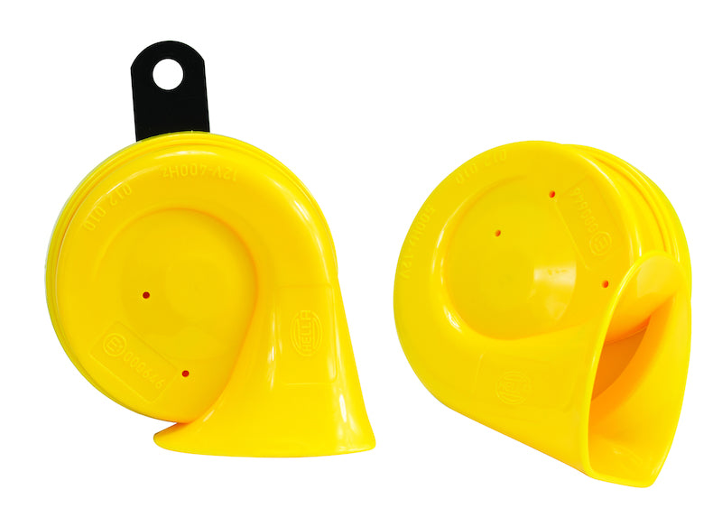 Yellow accessory horn with mounting hardware from Hella part number 012010821