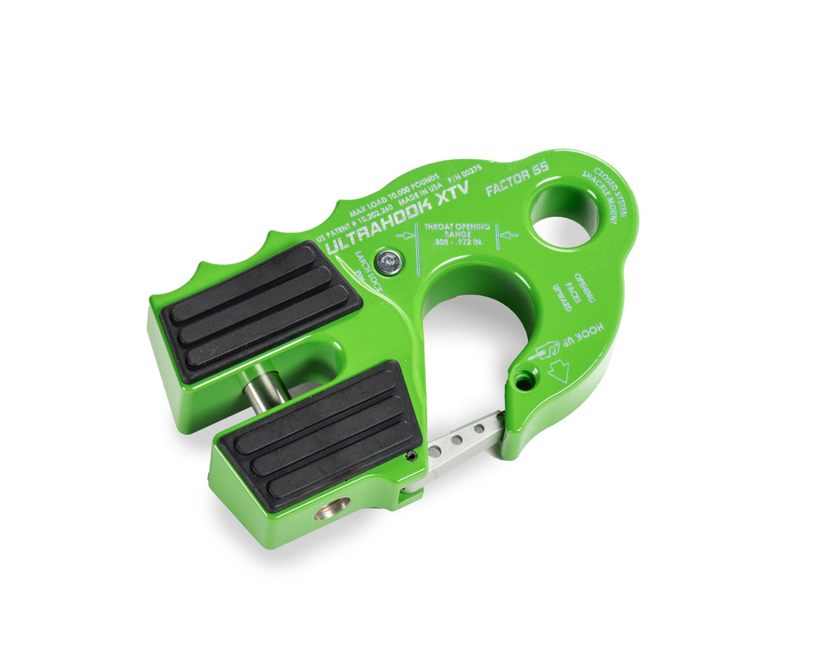 Green powdercoat 6061 aluminum winch hook from Factor 55 part number 00275-08