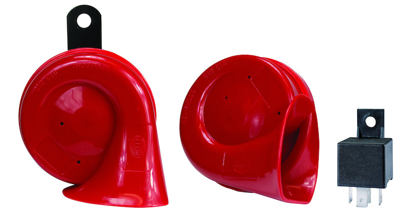 Red / black accessory horn with mounting hardware from Hella part number 007424801