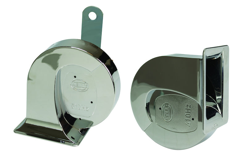 Chrome accessory horn with mounting hardware from Hella part number 007728883