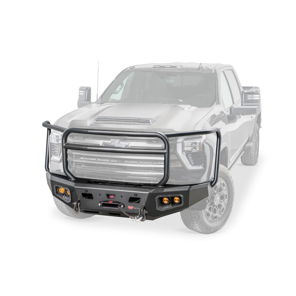 Black powder coated steel winch bumper from Warn part number 110913