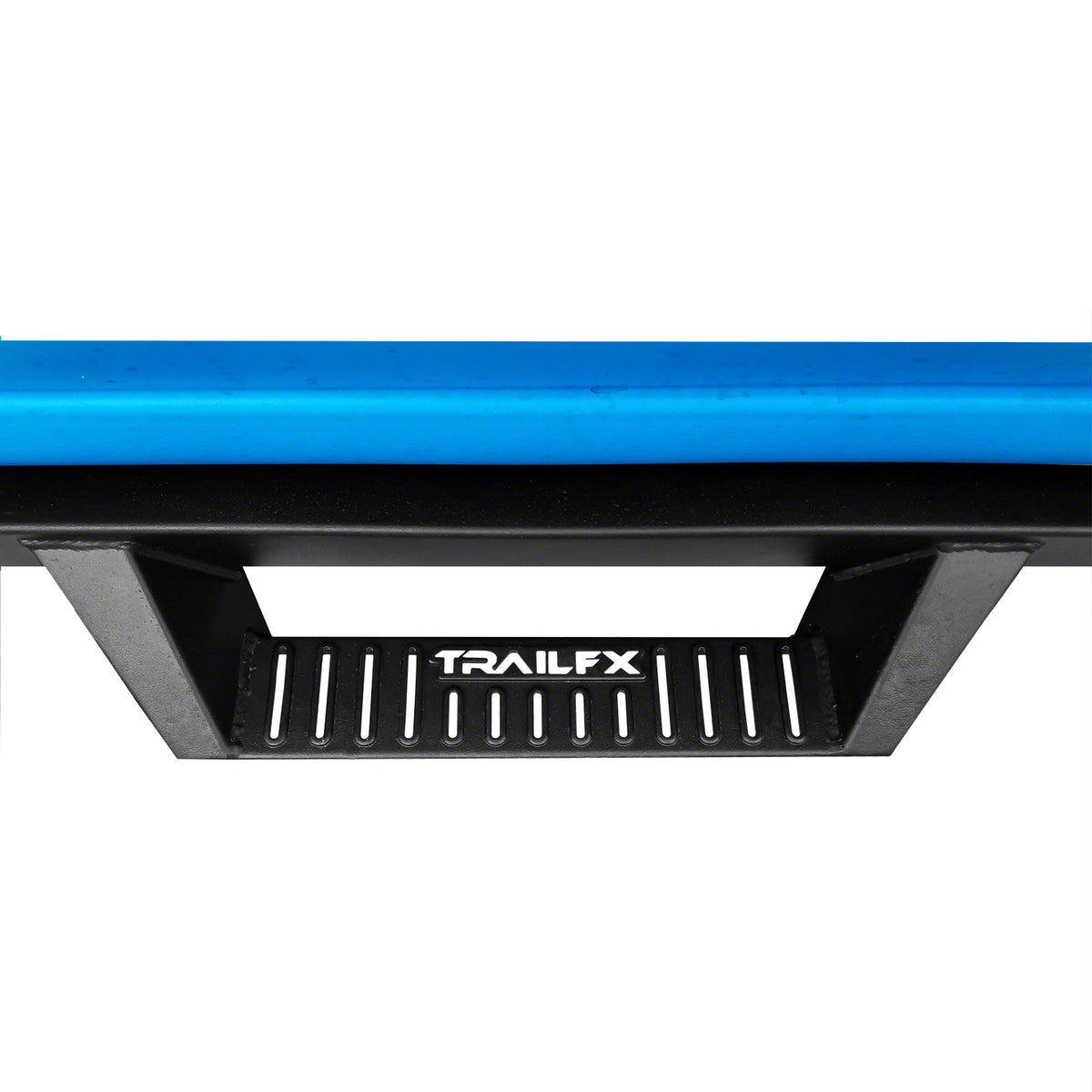 Black powder coated steel step nerf bar with step pads from TrailFX part number DHS005B