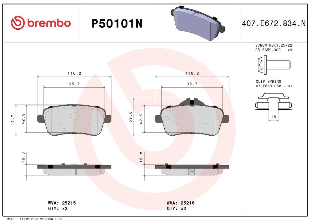 Disc Brake Pad Set with mounting hardware from Brembo part number P50101N