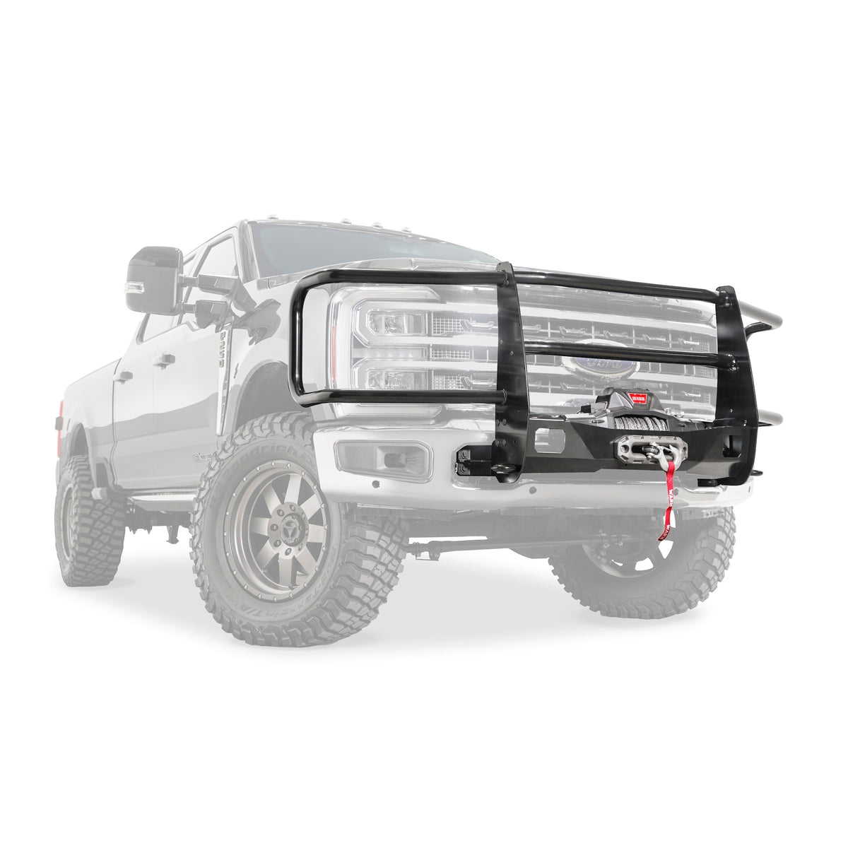 Black powder coated steel grille guard with mounting hardware from Warn part number 109580