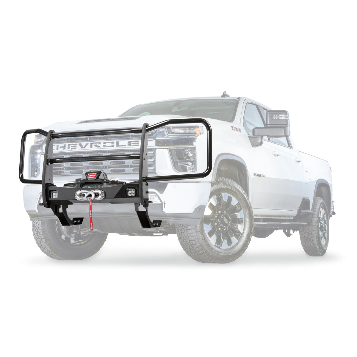 Black powder coated steel grille guard with mounting hardware from Warn part number 106595
