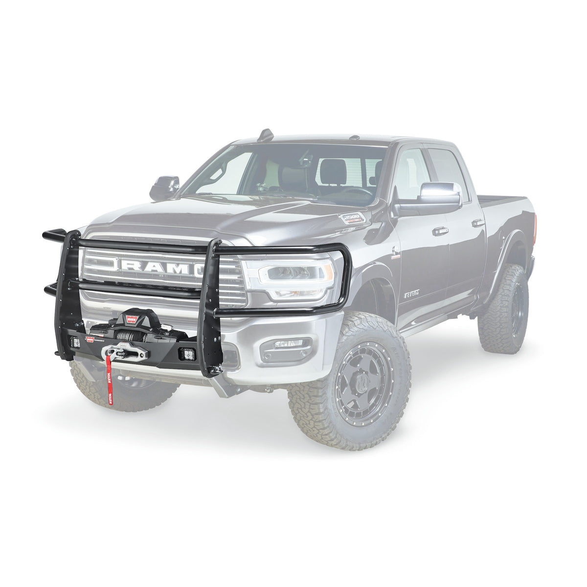 Black powder coated steel grille guard with mounting hardware from Warn part number 104821