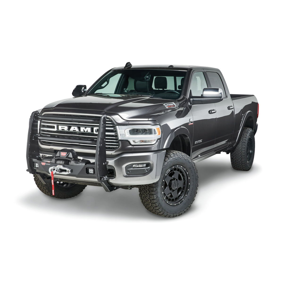 Black powder coated steel grille guard with mounting hardware from Warn part number 102957