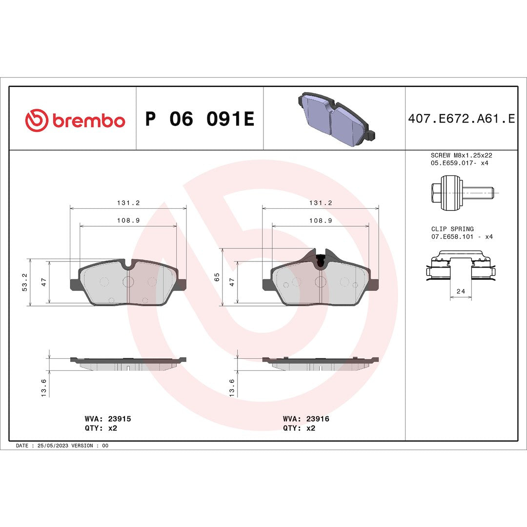 Disc Brake Pad Set with mounting hardware from Brembo part number P06091E