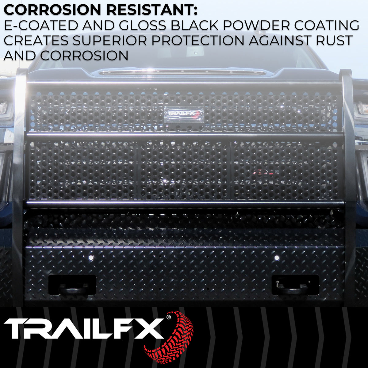 Black steel bumper with mounting hardware from TrailFX part number FX3034A