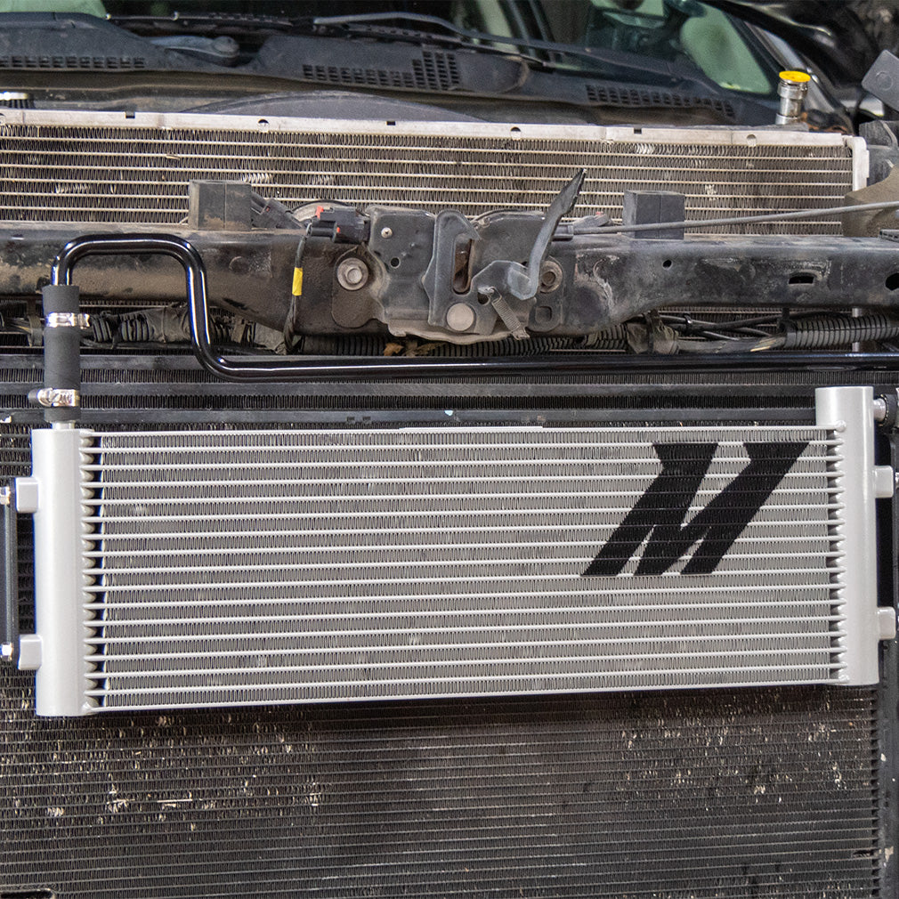 Natural aluminum automatic transmission oil cooler with mounting hardware from Mishimoto part number MMTC-RAM-10