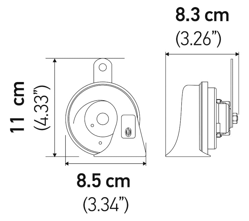 Yellow accessory horn with mounting hardware from Hella part number 012010821