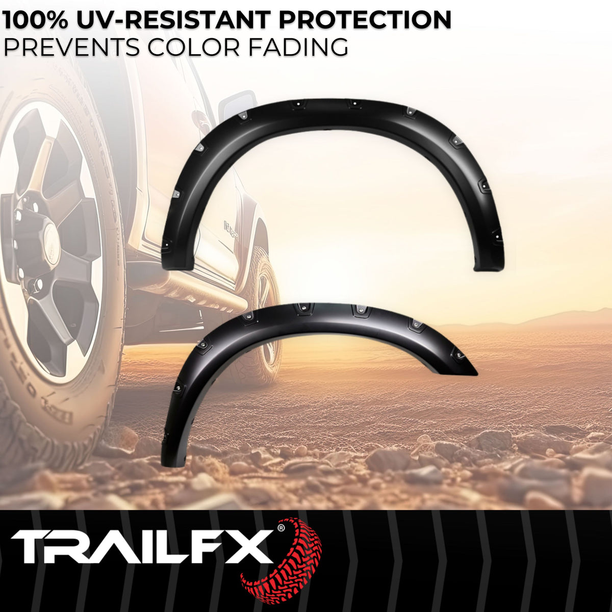 Black smooth polypropylene fender flare with mounting hardware from TrailFX part number TFD3006S