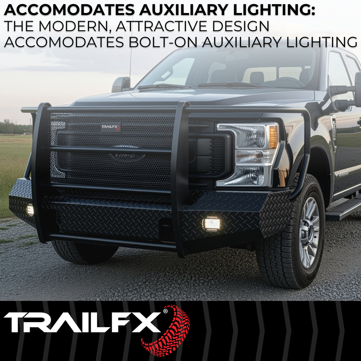 Black steel bumper with mounting hardware from TrailFX part number FX3034A