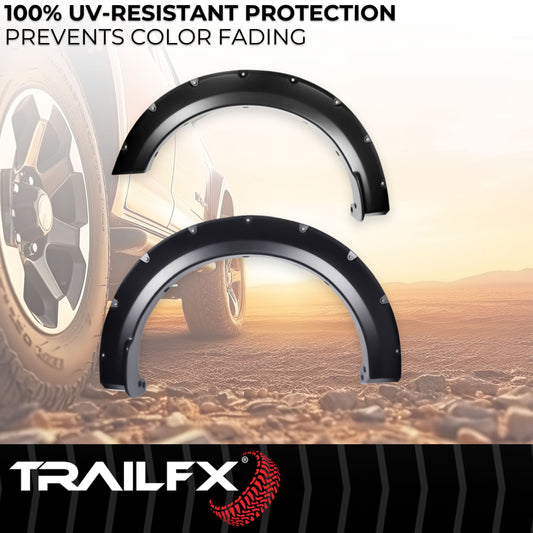 Black smooth polypropylene fender flare with mounting hardware from TrailFX part number TFF3011S