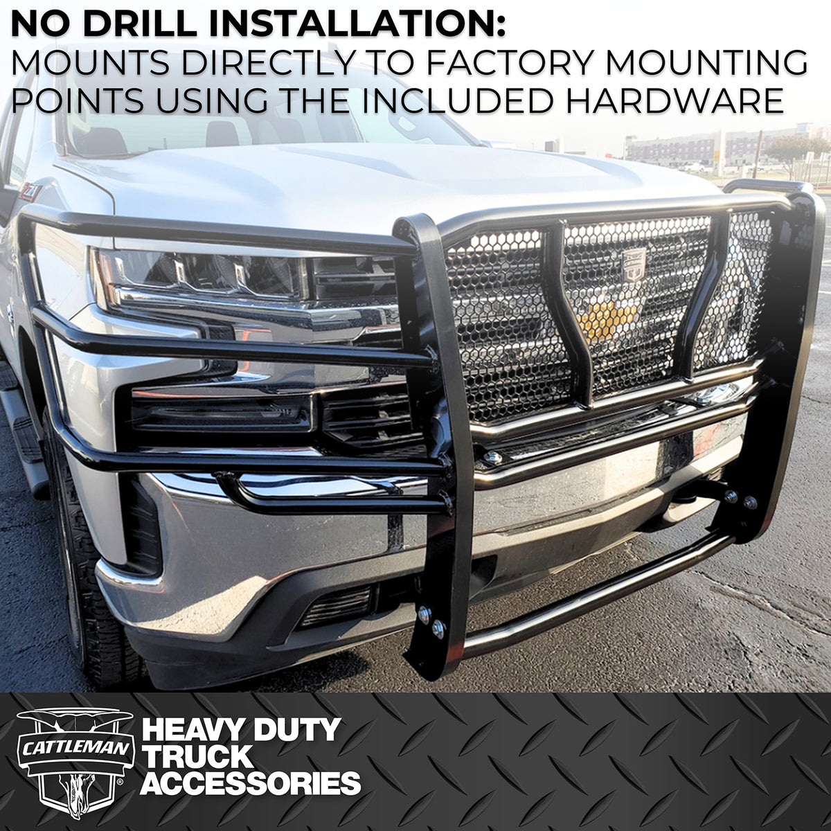 Black powder coated steel grille guard with mounting hardware from Cattleman HD part number 1357P
