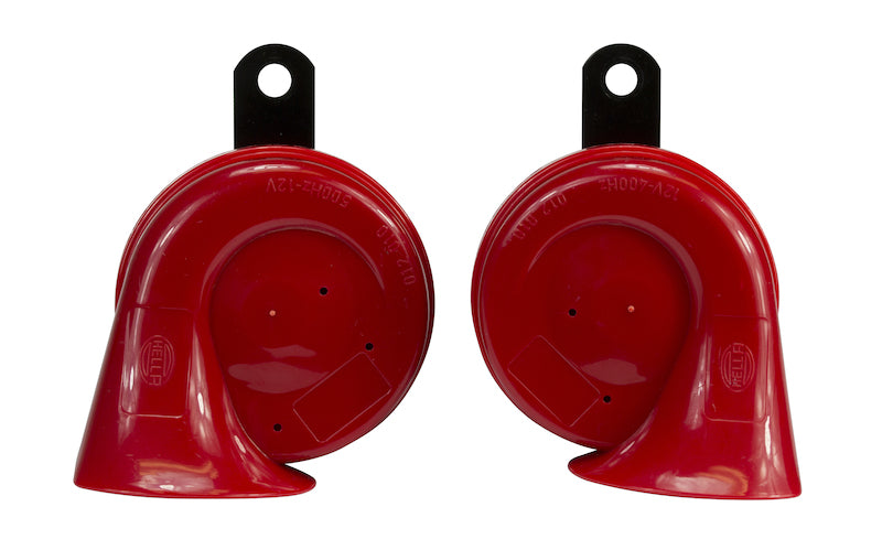 Red / black accessory horn with mounting hardware from Hella part number 007424801