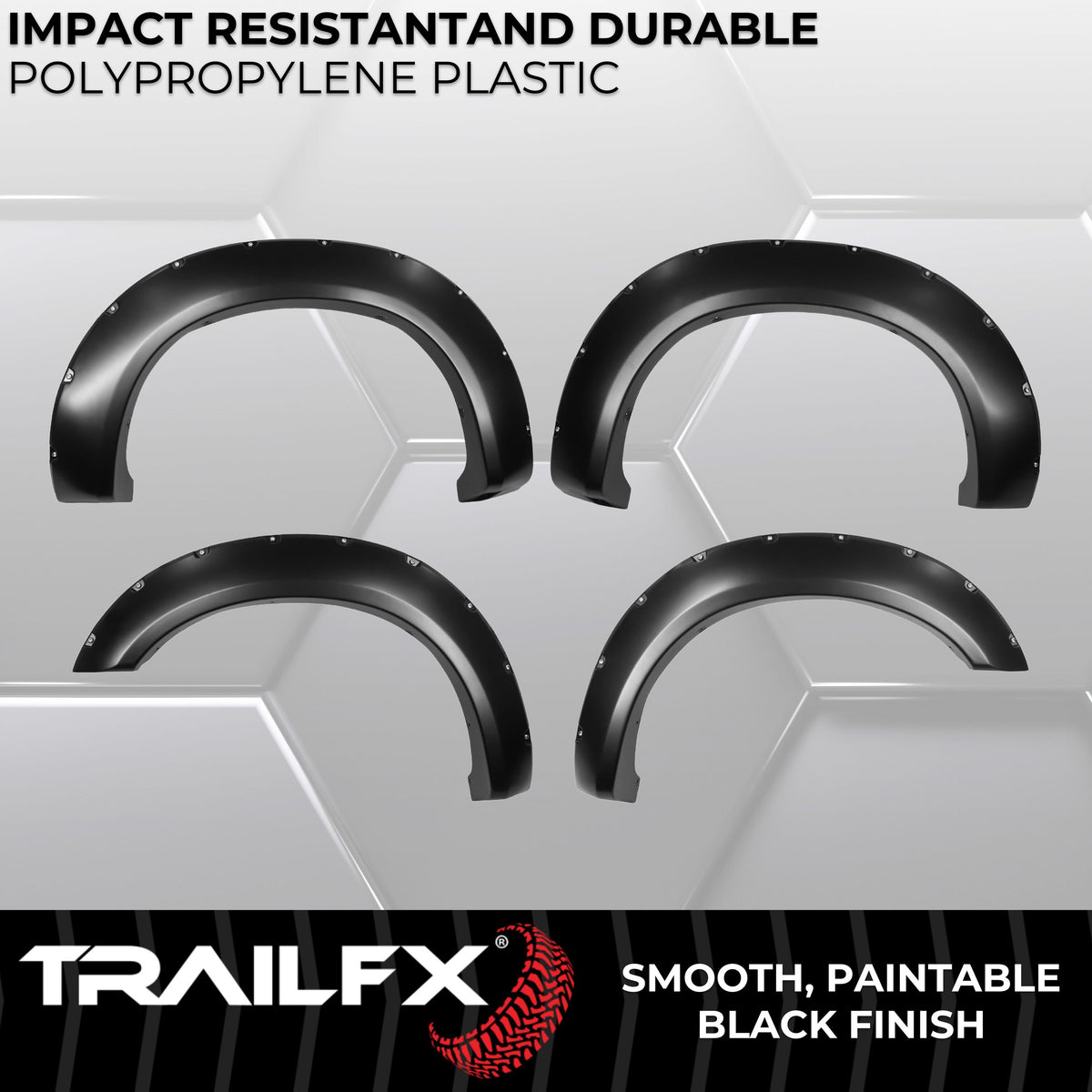 Black smooth polypropylene fender flare with mounting hardware from TrailFX part number TFF3005S