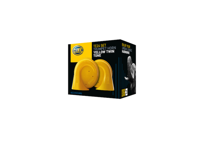 Yellow accessory horn with mounting hardware from Hella part number 012010821
