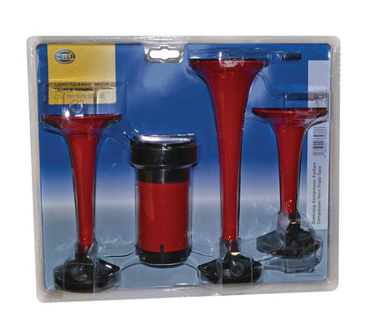 Red / black accessory horn with mounting hardware from Hella part number 003001671