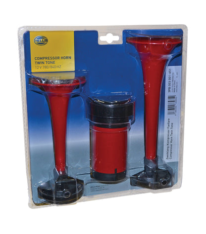 Red / black accessory horn with mounting hardware from Hella part number 003001651