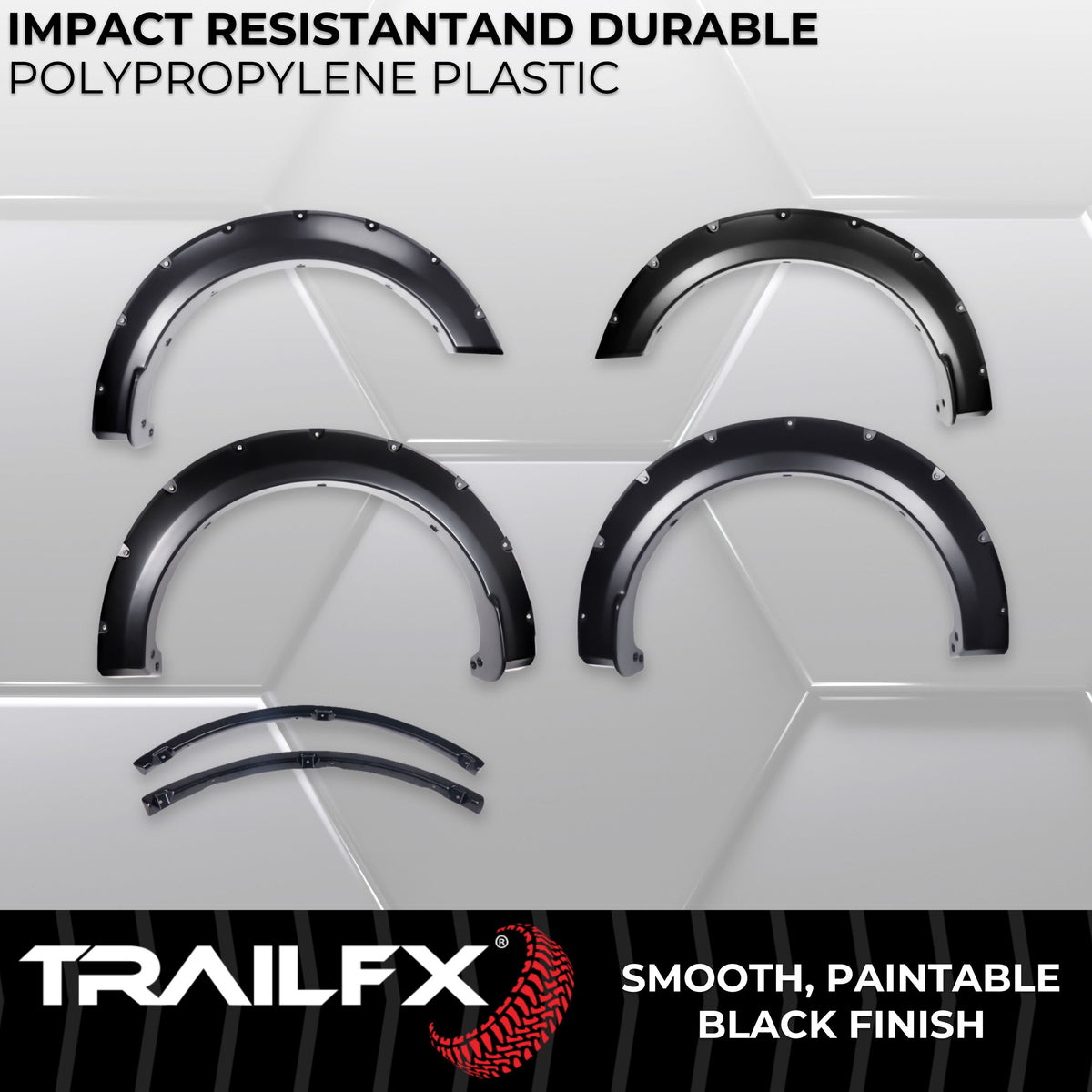 Black smooth polypropylene fender flare with mounting hardware from TrailFX part number TFF3011S