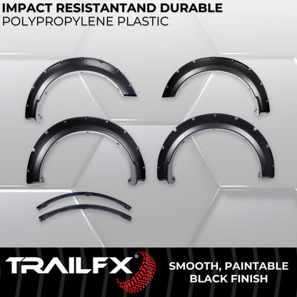 Black smooth polypropylene fender flare with mounting hardware from TrailFX part number TFF3011S