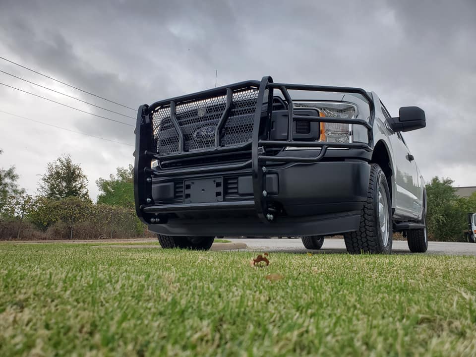 Black powder coated steel grille guard with mounting hardware from Cattleman HD part number 1307P