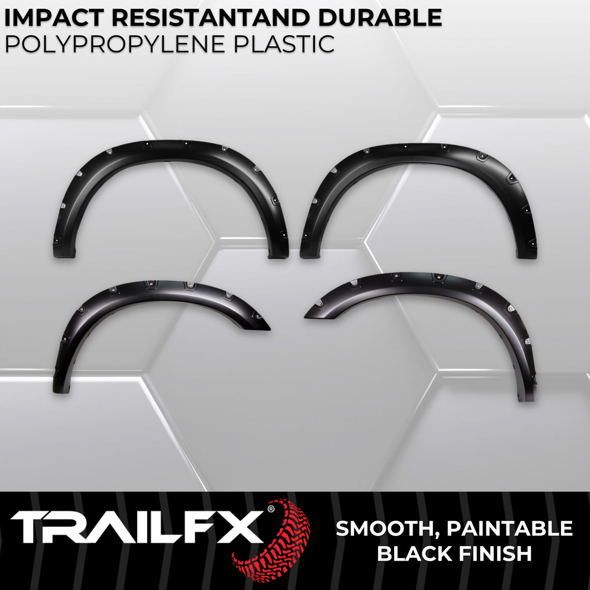 Black smooth polypropylene fender flare with mounting hardware from TrailFX part number TFD3006S