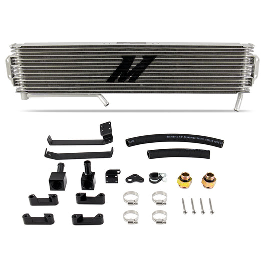 Natural aluminum automatic transmission oil cooler with mounting hardware from Mishimoto part number MMTC-DMAX-17SL