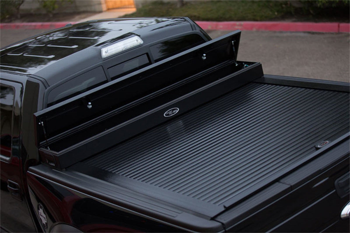 Black textured powder coated aluminum/steel tonneau cover tool box from Truck Covers USA part number CRJR141