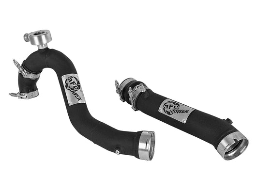 Black powdercoated aluminum intercooler pipe with mounting hardware from aFe Power part number 46-20384-B
