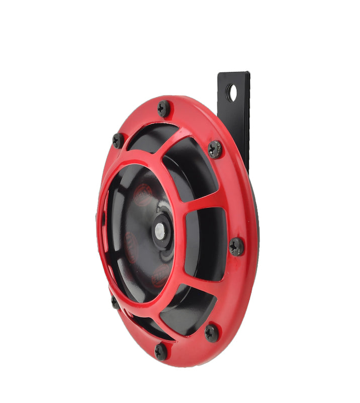 Red / black accessory horn with mounting hardware from Hella part number 003399801