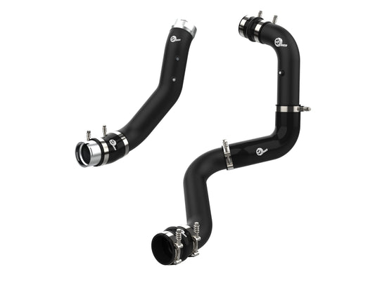 Black powdercoated aluminum intercooler pipe with mounting hardware from aFe Power part number 46-20704-B
