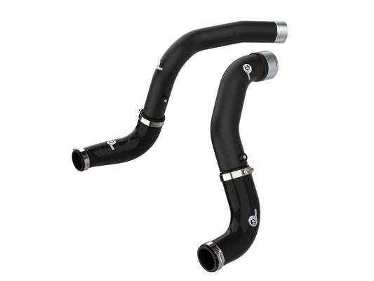 Black powdercoated aluminum intercooler pipe with mounting hardware from aFe Power part number 46-20434-B