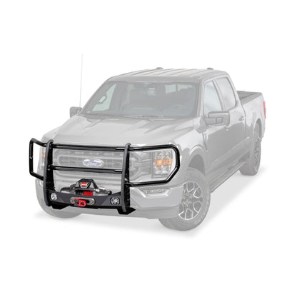 Black powder coated steel grille guard with mounting hardware from Warn part number 107685