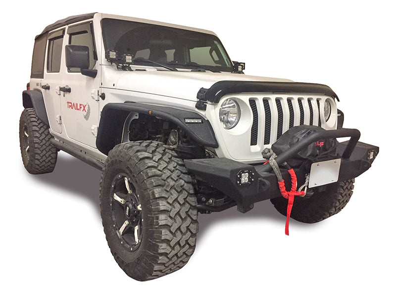 Black textured powder coated steel fender flare with mounting hardware from TrailFX part number JL05FF
