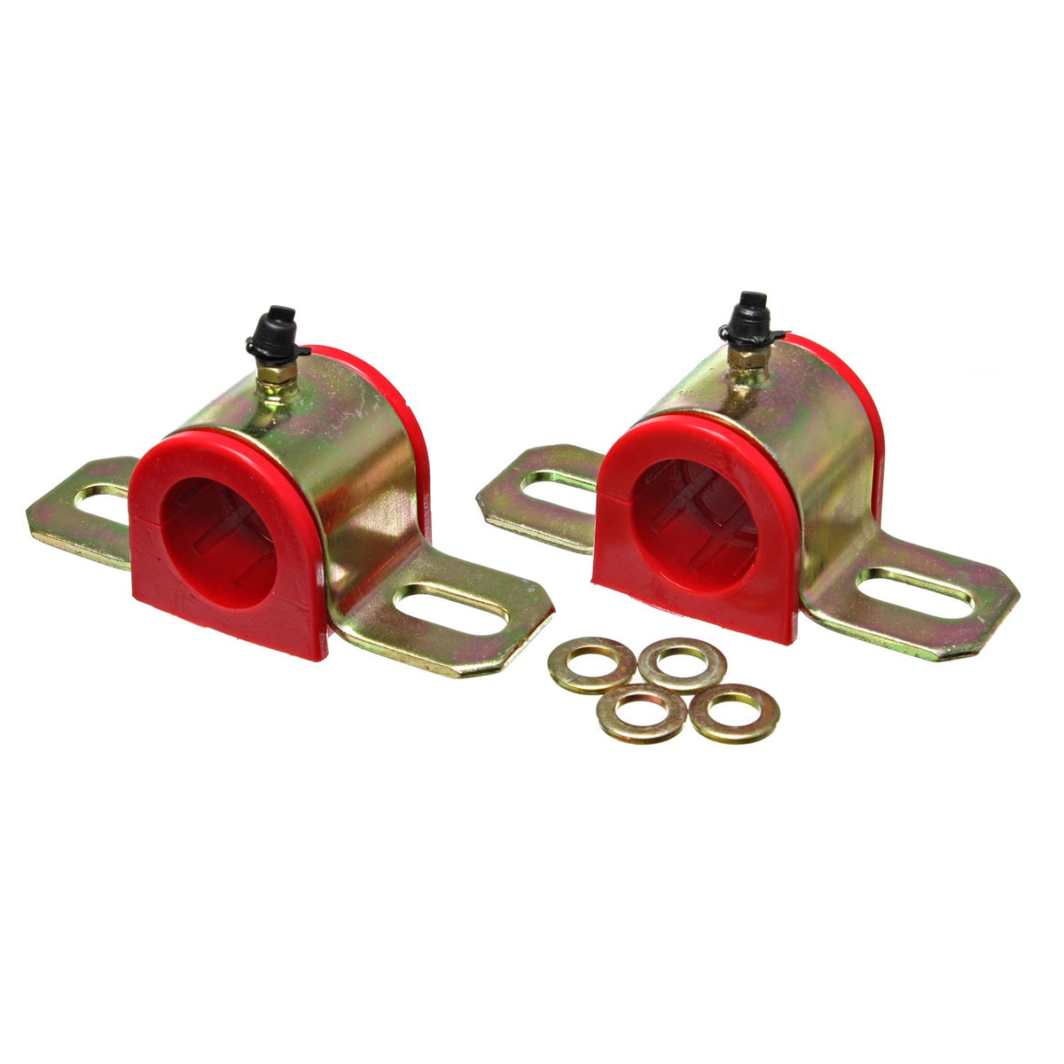 Red polyurethane suspension stabilizer bar bushing kit with mounting hardware from Energy Suspension part number 9.5166R