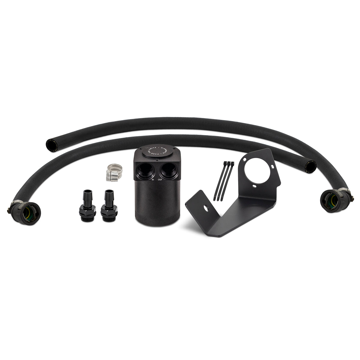 Black powder coat 6061 aluminum engine oil catch can kit from Mishimoto part number MMBCC-RAM-25