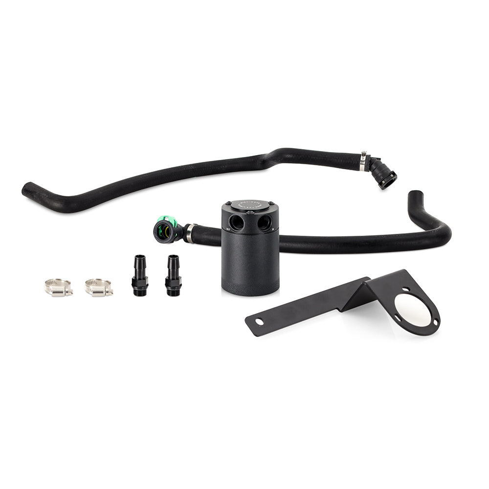 Black anodized engine oil catch can kit from Mishimoto part number MMBCC-EST-20PBE