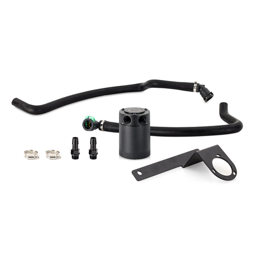 Black anodized engine oil catch can kit from Mishimoto part number MMBCC-EST-20PBE