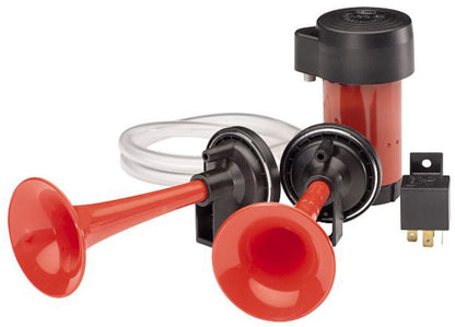 Red / black accessory horn with mounting hardware from Hella part number 003001651