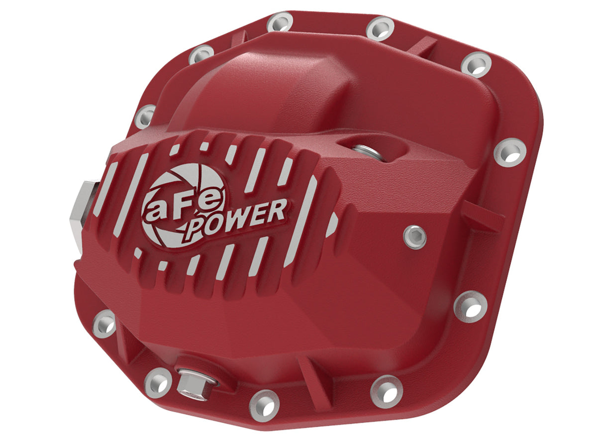 Red powder coat differential cover with mounting hardware from aFe Power part number 46-71010R