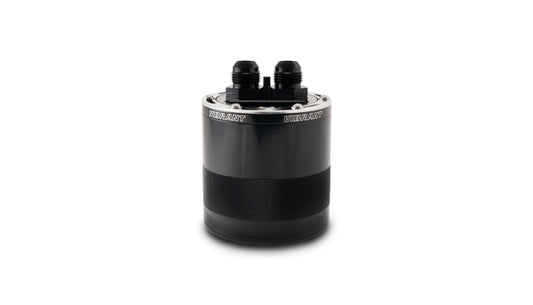 Black anodized 6061 aluminum engine oil catch can from Vibrant Performance part number 12760