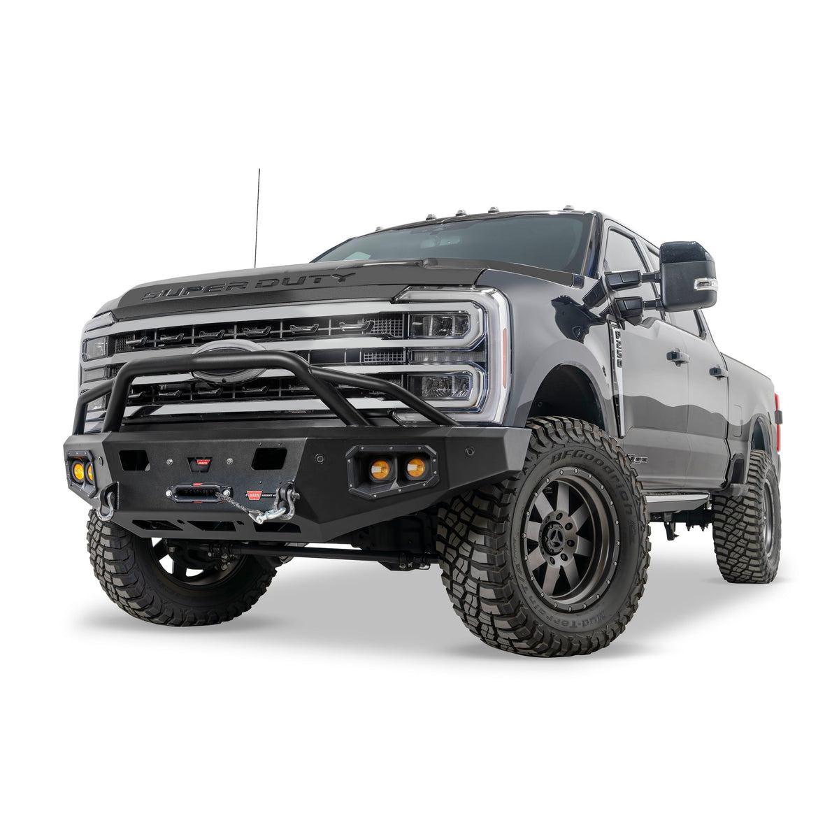 Black powder coated steel winch bumper from Warn part number 110631