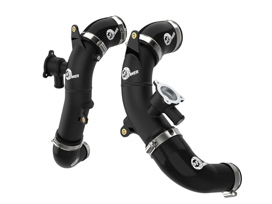 Black powdercoated aluminum intercooler pipe with mounting hardware from aFe Power part number 46-20568-B