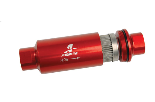 Red aluminum fuel filter from Aeromotive Fuel System part number 12304